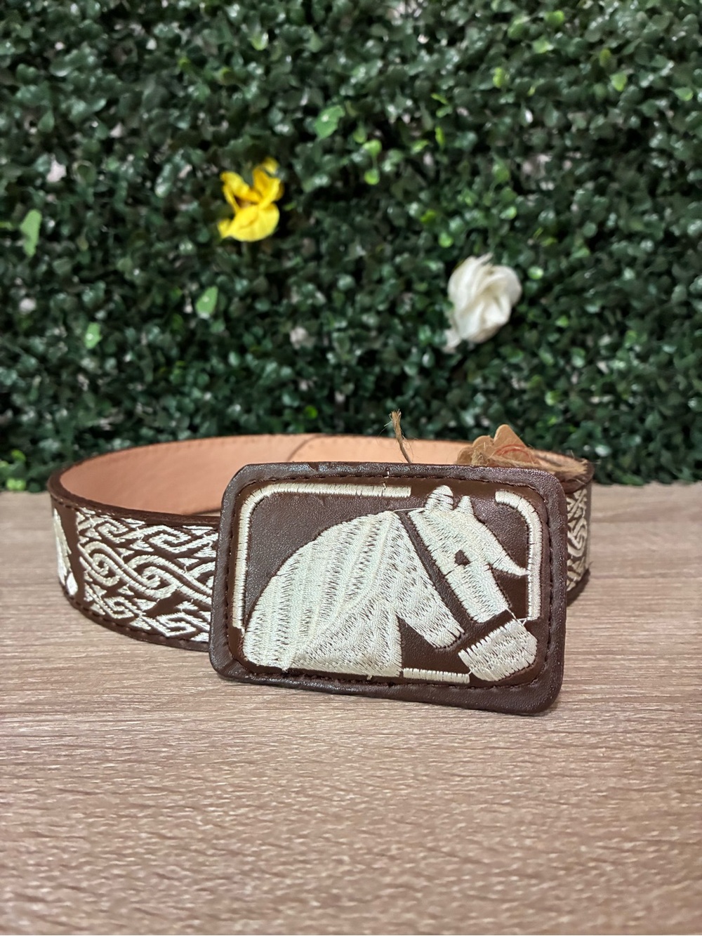 Brown Leather Belt with Ivory Embroidered Rhino Buckle